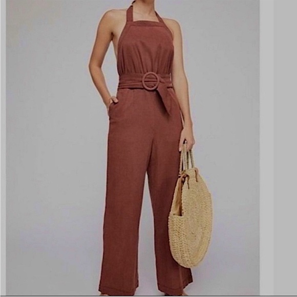 Free People Brown 70s Halter Wide Leg Belt Jumpsuit Size Small - Picture 1 of 9